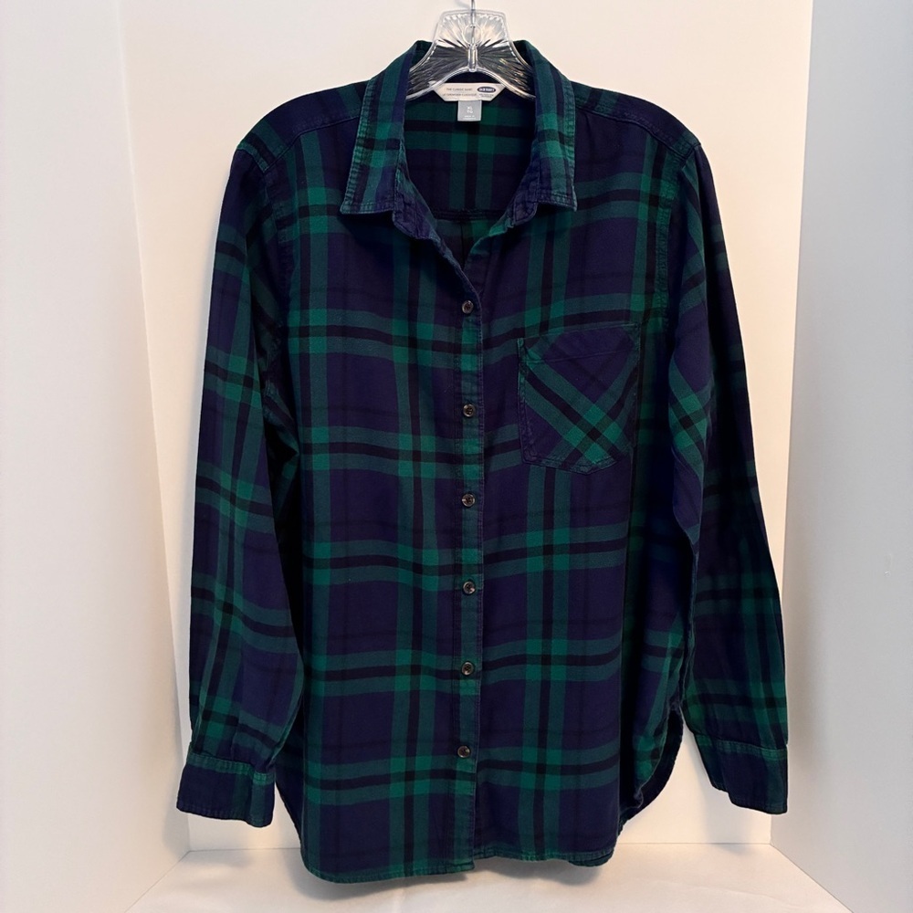 Old Navy Women's The Classic Shirt Flannel Button-Down Green/ Navy Blue Size XL